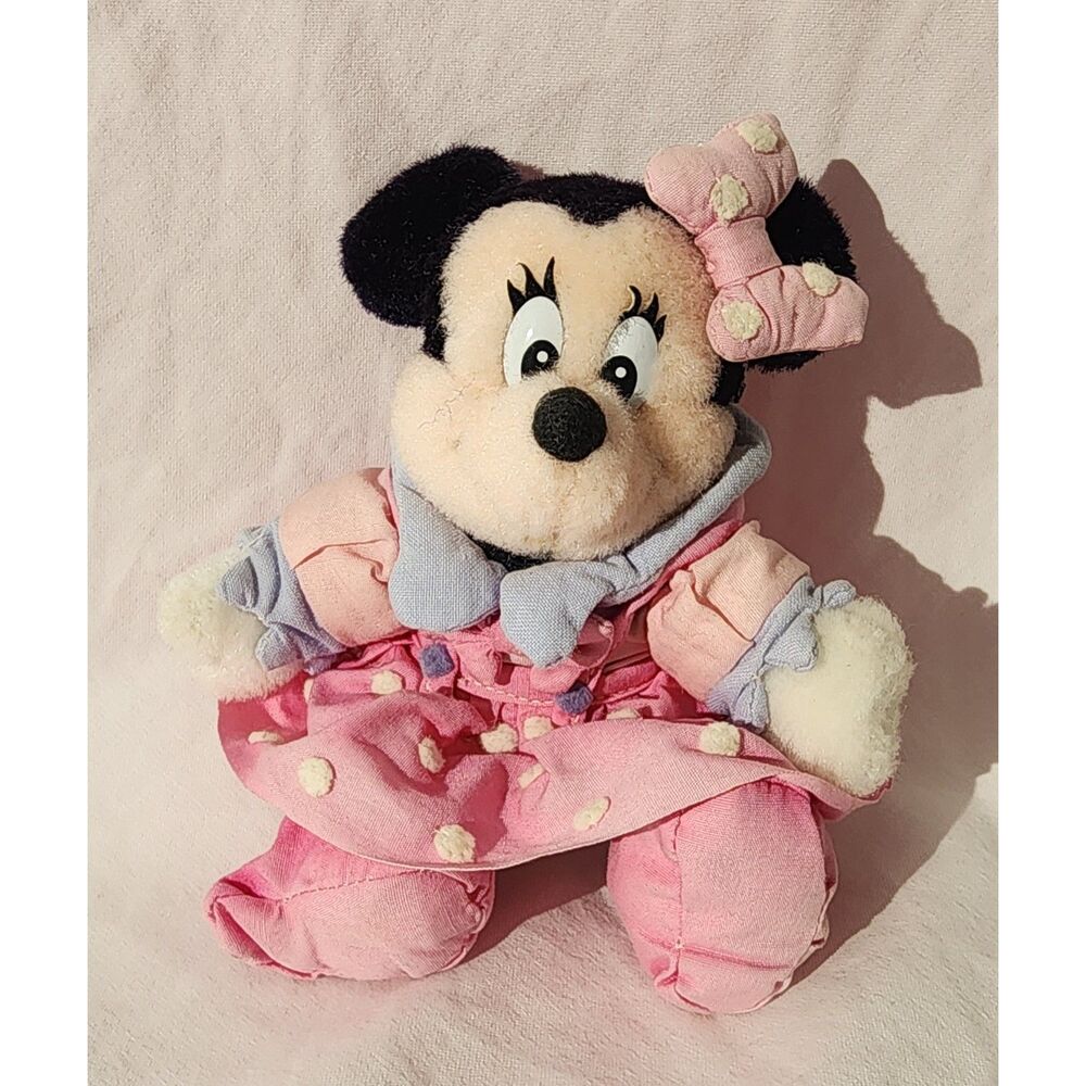 Vintage Tokyo Disney Minnie Mouse Plush Badge Pin Keychain Pink Polka Dot Dress